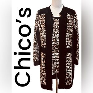 B10 2 Piece Set Chico's Black and Brown Geometric Cardigan and Blouse Set Size 1